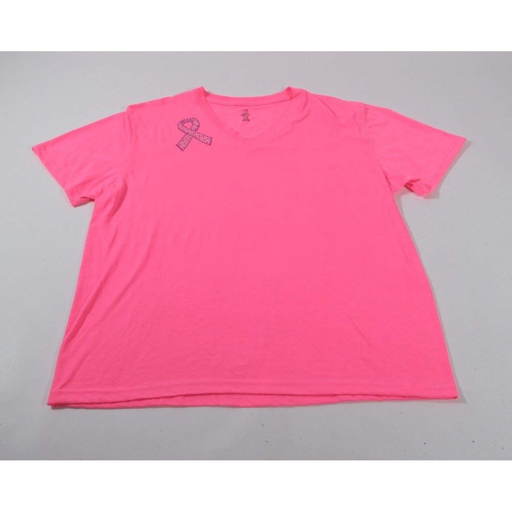 Imagine Tee Women Large Pink Breast Cancer Ribbon V-Neck Short Sleeve Beaded Top
